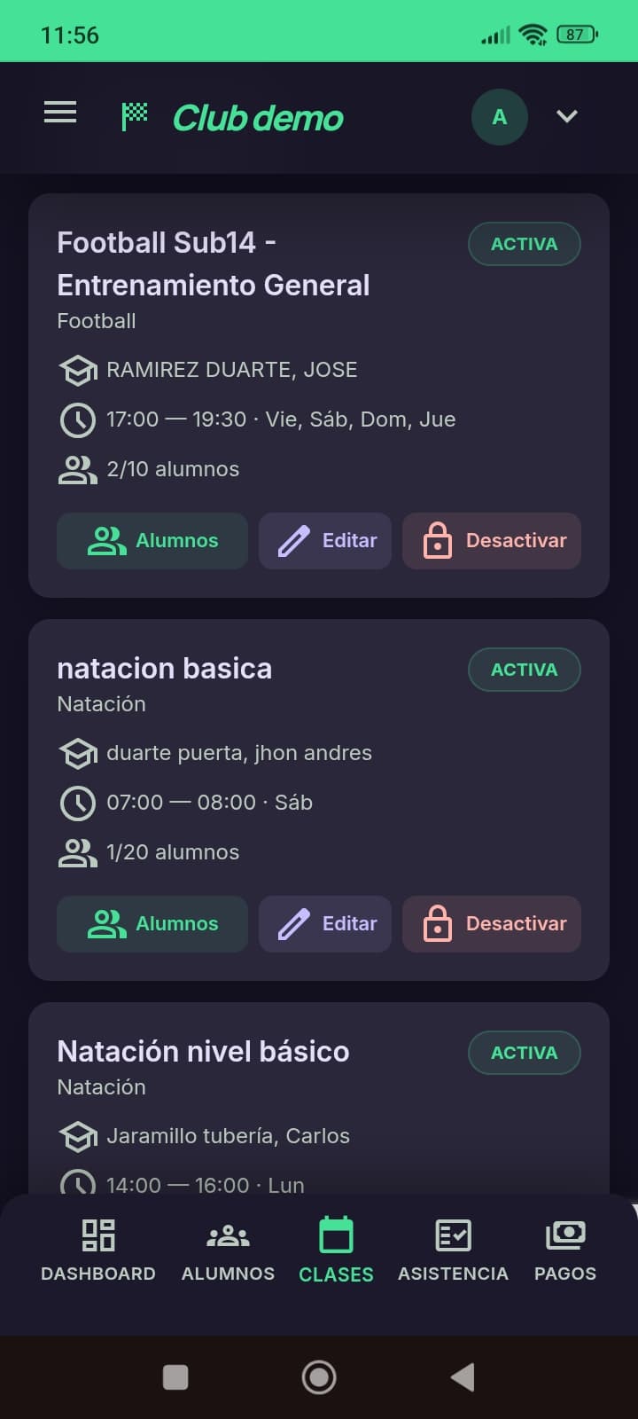 Módulo de clases en mobile